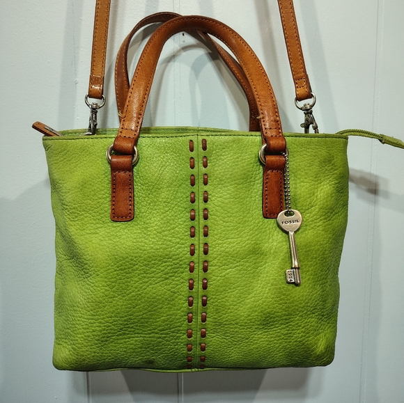 Fossil Green Mini Satchel Handbag with Tan Trim Crossbody Top Handle - Picture 1 of 13